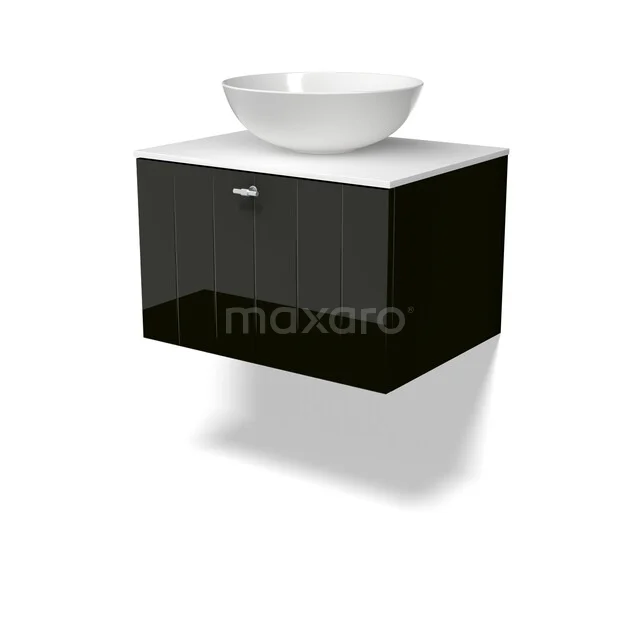 Modulo Plato Vanity units for countertop basin | 60 cm High-gloss black Slat front Solid surface worktop 1 drawer BMK11-03139 Zwarte hangende badkamermeubel met glanzende lade, witte wastafelkom en strak design. Perfect voor moderne badkamerstijl.