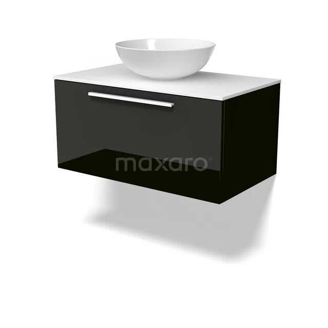 Schwarzes schwebendes Badmöbel mit weißem Waschbecken, modernes Design und Hochglanz-Oberfläche, ideal für kleine Bäder.