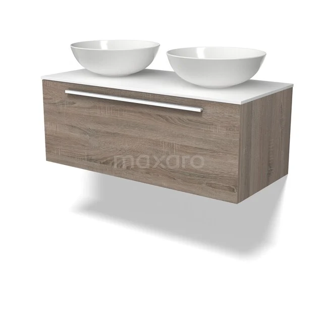 Möbel für Aufsatzwaschbecken BMK11-03147 Holz Badezimmermöbel mit zwei weißen Aufsatzwaschbecken und chromfarbener Haltegriff, ideal für eine moderne Badezimmergestaltung.