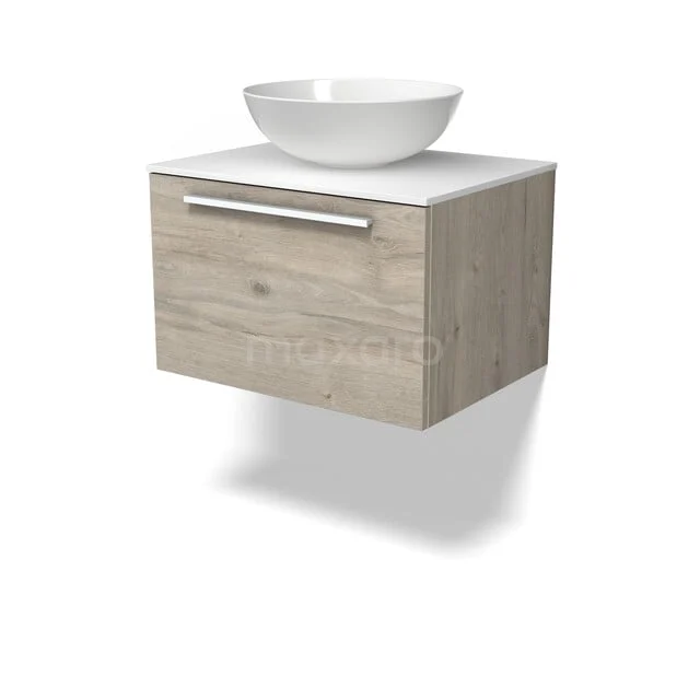 Modulo Plato Badkamermeubel voor waskom | 60 cm Lichtgrijs eiken Vlak front Solid surface blad 1 lade BMK11-03148