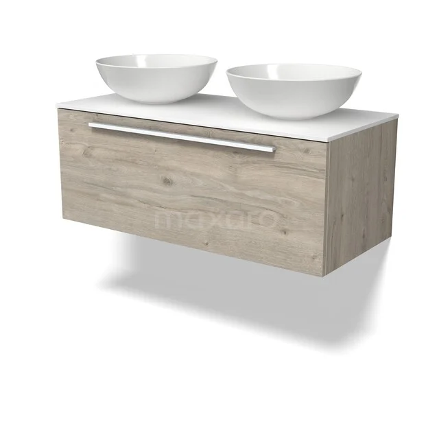 Zweiflügeliges Badezimmermöbel in Holzoptik mit weißem Doppelwaschbecken, modernem Schubladendesign und verchromtem Griff, geeignet für zeitgemäße Bäder.