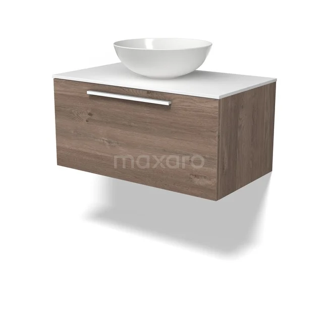 Holz-Badmöbel mit weißem Waschbecken, moderne Wandmontage und schlankem Design, ideal für ein stilvolles Badezimmer.