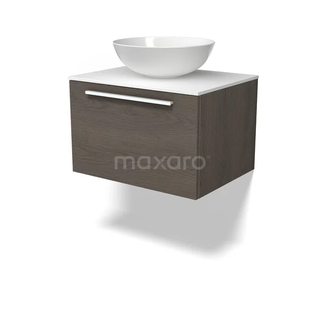 Dunkles Badezimmermöbel mit weißem Aufsatzwaschbecken, kompaktes schwebendes Design, ideal für ein modernes Badezimmer.