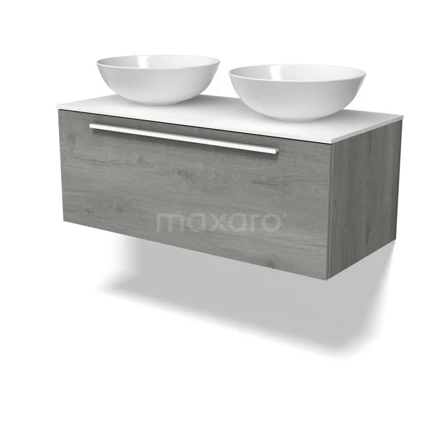 Grau Holz Badmöbel mit zwei weißen keramischen Waschbecken, moderne Ausstrahlung und platzsparendes Design.