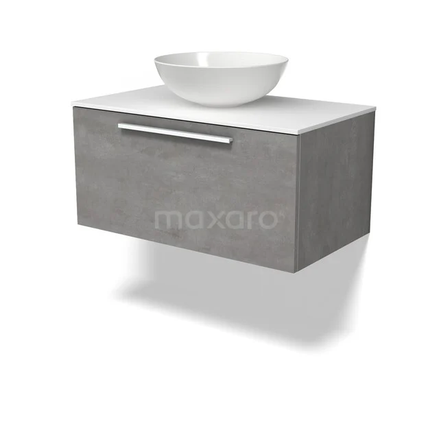 Grau hängendes Badezimmermöbel mit Schublade und weißem Aufsatzwaschbecken, modernes Design aus Betonlook-Material.