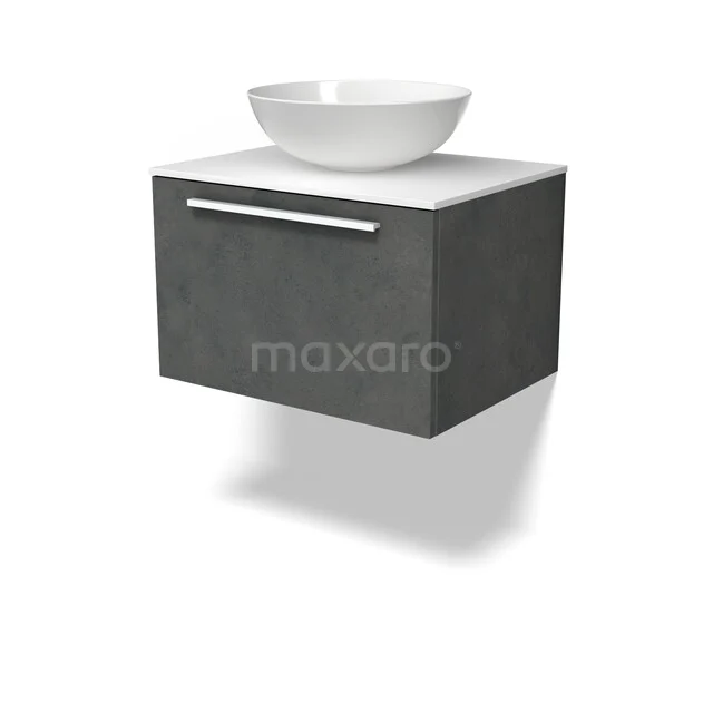 Möbel für Aufsatzwaschbecken BMK11-03169 Dunkelgraue schwebende Badmöbelset mit runder weißer Aufsatzwaschbecken, schlankem Design und metallischem Griff, perfekt für ein modernes Badezimmer.