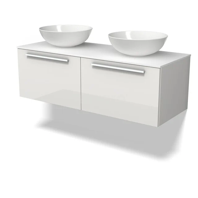 Weiß glänzendes Badmöbel mit zwei keramischen Aufsatzwaschbecken, modernes Design und Aluminiumhaltegriffen.