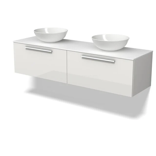Möbel für Aufsatzwaschbecken BMK12-02259 Weißes schwebendes Badezimmermöbel mit Doppelwaschbecken, schlichten Haltegriffen und modernem Design, ideal für ein stilvolles Badezimmer.