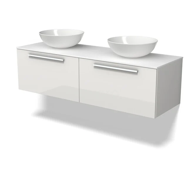 Modulo Plato Badkamermeubel voor waskom | 140 cm Hoogglans wit Vlak front Solid surface blad 2 lades naast elkaar BMK12-02261