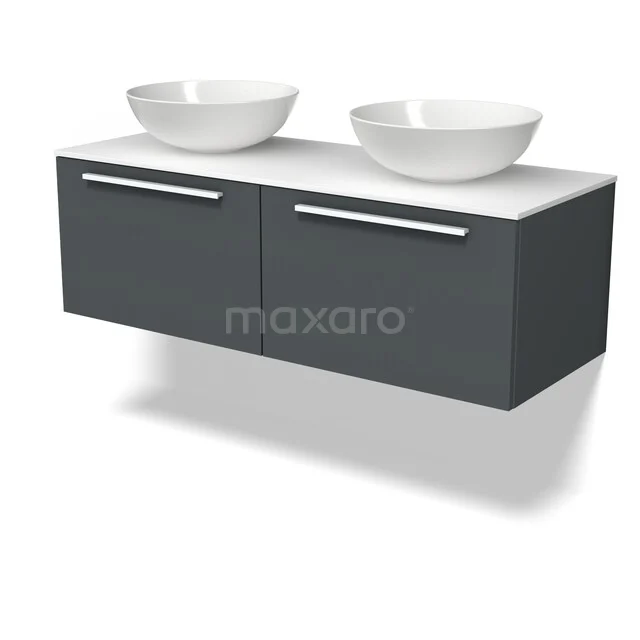 Modulo Plato Badkamermeubel voor waskom | 120 cm Donkergrijs Vlak front Solid surface blad 2 lades naast elkaar BMK12-02270 Grijze hangende badkamermeubel met twee witte waskommen, modern design en gladde afwerking voor een stijlvolle badkamer inrichting.