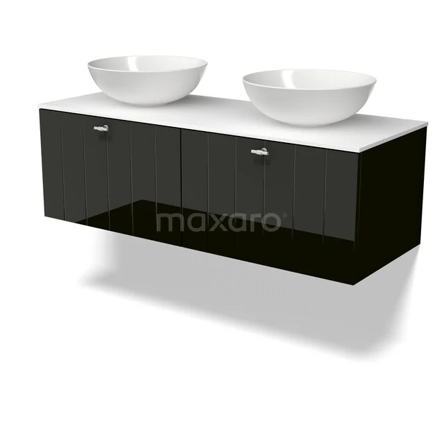 Zwevende schwarze Badmöbel mit Hochglanzoberfläche, doppelten weißen Aufsatzwaschbecken und chromfarbenen Griffen, modernes Design.