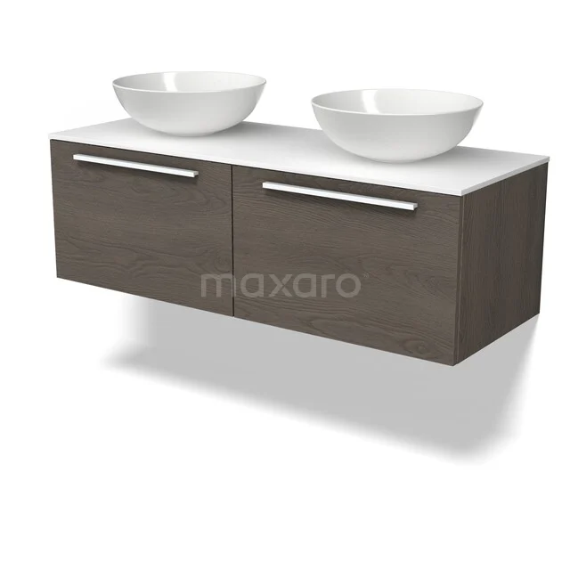 Modulo Plato Badkamermeubel voor waskom | 120 cm Donkerbruin eiken Vlak front Solid surface blad 2 lades naast elkaar BMK12-02280