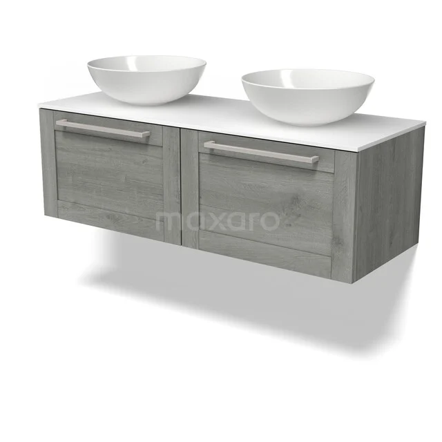 Grey wooden bathroom furniture set with two sinks, white countertop and drawer handles, ideal for a modern bathroom style.