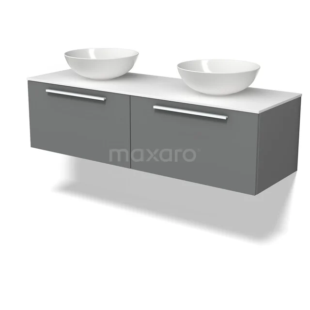 Modulo Plato Vanity units for countertop basin | 140 cm Mid grey Flat front Solid surface worktop 2 Side-by-side drawers BMK12-02287 Modulo Plato Vanity units for countertop basin | 140 cm Mid grey Flat front Solid surface worktop 2 Side-by-side drawers BMK12-02287