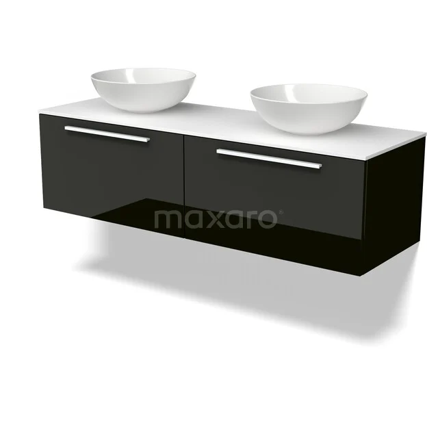 Modulo Plato Vanity units for countertop basin | 140 cm High-gloss black Flat front Solid surface worktop 2 Side-by-side drawers BMK12-02295 Zwart glanzend badkamermeubel met dubbele wastafelkommen, modern design en strak lijnenspel voor een luxe badkameruitstraling.