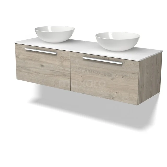 Modulo Plato Vanity units for countertop basin | 140 cm Light grey oak Flat front Solid surface worktop 2 Side-by-side drawers BMK12-02298 Houten badkamermeubel met dubbele lades en twee witte waskommen, ideaal voor moderne badkamerinrichting.