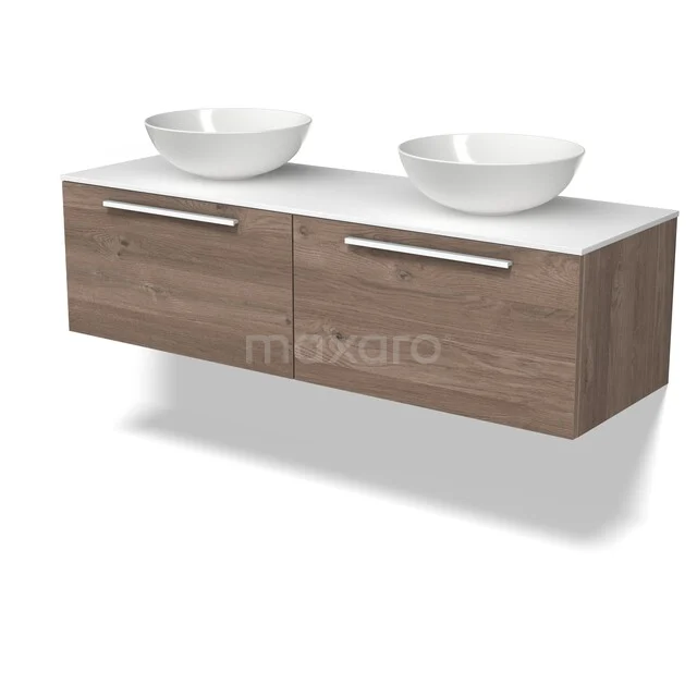 Modulo Plato Badkamermeubel voor waskom | 140 cm Middenbruin eiken Vlak front Solid surface blad 2 lades naast elkaar BMK12-02300