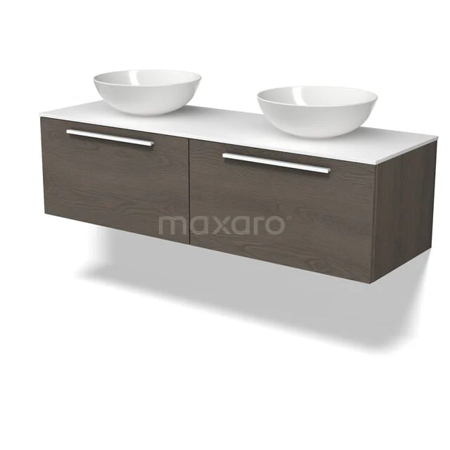 Modulo Plato Badkamermeubel voor waskom | 140 cm Donkerbruin eiken Vlak front Solid surface blad 2 lades naast elkaar BMK12-02301
