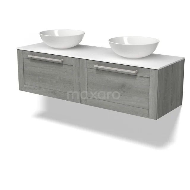 Grey bathroom furniture set with two sinks, wood-look finish, fits perfectly in a modern bathroom.