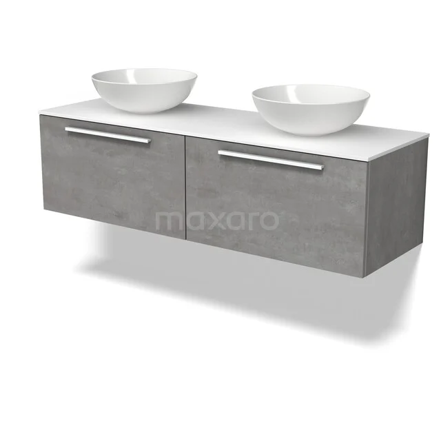 Modulo Plato Vanity units for countertop basin | 140 cm Light grey concrete Flat front Solid surface worktop 2 Side-by-side drawers BMK12-02304 Grijs zwevend badkamermeubel met twee waskommen, modern design, houtlook afwerking en metalen handgrepen.