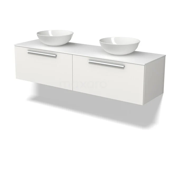 Modulo Plato Vanity units for countertop basin | 160 cm Matte white Flat front Solid surface worktop 2 Side-by-side drawers BMK12-02311 Witte zwevende badkamermeubel, dubbel wastafelblad en moderne grepen voor een stijlvolle badkamerinrichting.