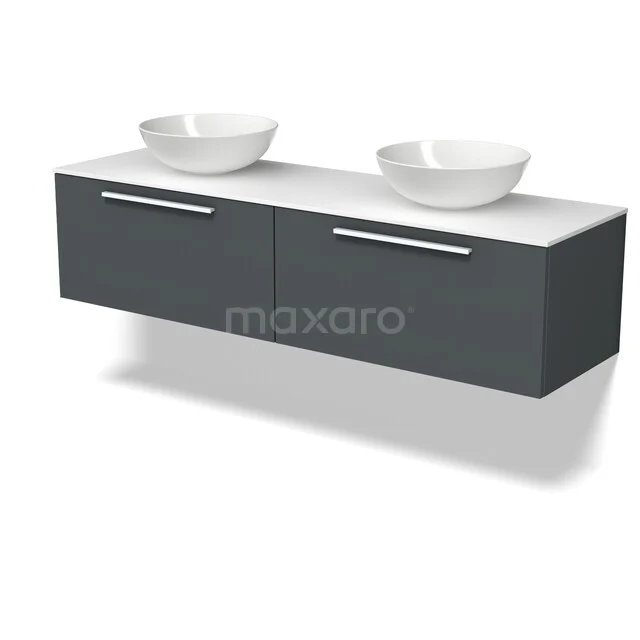 Modulo Plato Vanity units for countertop basin | 160 cm Dark grey Flat front Solid surface worktop 2 Side-by-side drawers BMK12-02313 Donkergrijze badkamermeubelset met dubbele wastafel, strakke designlook en witte keramische waskommen.