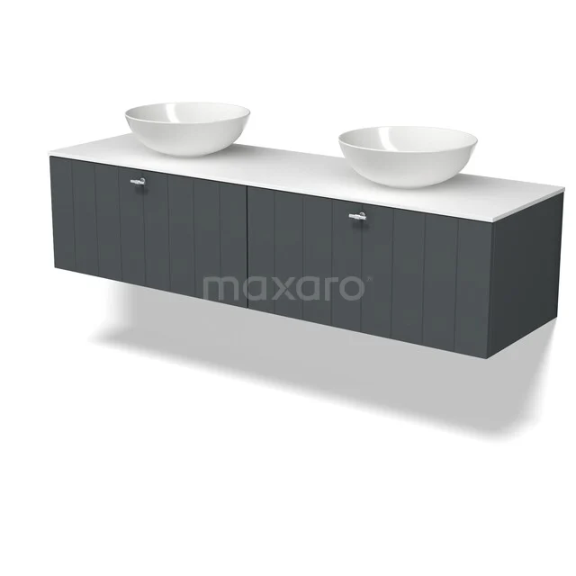 Modulo Plato Vanity units for countertop basin | 160 cm Dark grey Slat front Solid surface worktop 2 Side-by-side drawers BMK12-02314 Grijs eikenhouten badkamermeubel met dubbele wastafel, modern design, geschikt voor stijlvolle badkamerinrichting.