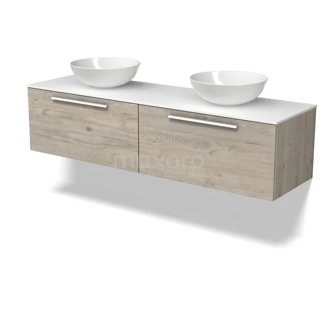 Holz Badschrank in heller Eichenfarbe mit zwei weißen Aufsatzwaschbecken, modernes Design und hängendes Modell.