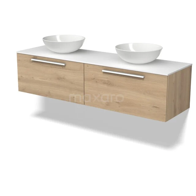 Holz Badezimmermöbel mit zwei geräumigen Schubladen, weißer Platte und doppelten Aufsatzwaschbecken, ideal für moderne Badezimmergestaltung.