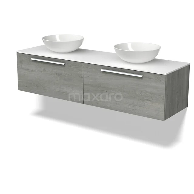 Modulo Plato Badkamermeubel voor waskom | 160 cm Grijs eiken Vlak front Solid surface blad 2 lades naast elkaar BMK12-02323 Modulo Plato Badkamermeubel voor waskom | 160 cm Grijs eiken Vlak front Solid surface blad 2 lades naast elkaar BMK12-02323