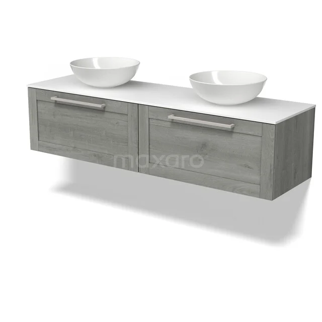 Modulo Plato Badkamermeubel voor waskom | 160 cm Grijs eiken Kader front Solid surface blad 2 lades naast elkaar BMK12-02324 Modulo Plato Badkamermeubel voor waskom | 160 cm Grijs eiken Kader front Solid surface blad 2 lades naast elkaar BMK12-02324