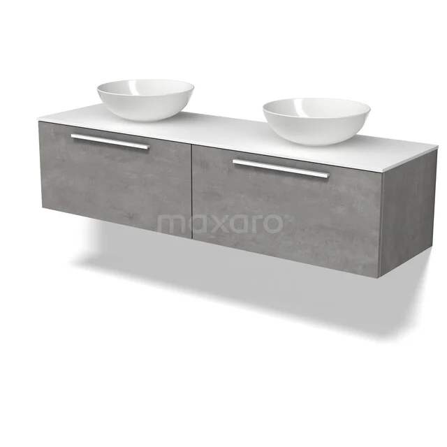 Modulo Plato Vanity units for countertop basin | 160 cm Light grey concrete Flat front Solid surface worktop 2 Side-by-side drawers BMK12-02325 Grijs badkamermeubel met dubbele wastafel, modern design, houtlook afwerking en chromen grepen.