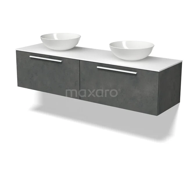 Modulo Plato Badkamermeubel voor waskom | 160 cm Donkergrijs beton Vlak front Solid surface blad 2 lades naast elkaar BMK12-02326 Modulo Plato Badkamermeubel voor waskom | 160 cm Donkergrijs beton Vlak front Solid surface blad 2 lades naast elkaar BMK12-02326