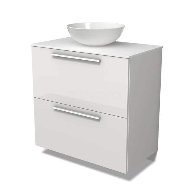 Modulo Plato Badkamermeubel voor waskom | 80 cm Hoogglans wit Vlak front Solid surface blad 2 hoge lades onder elkaar BMK13-01294