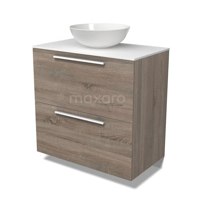 Modulo Plato Badmöbel mit Aufsatzwaschbecken | 80 cm Eiche Flach front Solid Surface blatt 2 hohe Schubladen übereinanderliegend BMK13-01301 Holz Badezimmermöbel mit zwei Schubladen und einem weißen Aufsatzwaschbecken, ideal für eine stilvolle Badezimmerlagerung.