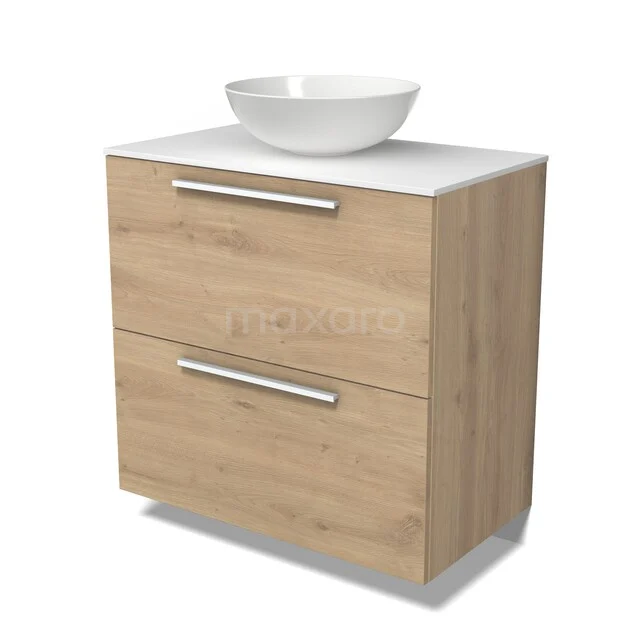 Modulo Plato Vanity units for countertop basin | 80 cm Light brown oak Flat front Solid surface worktop 2 stacked drawers under each other BMK13-01303 Modulo Plato Vanity units for countertop basin | 80 cm Light brown oak Flat front Solid surface worktop 2 stacked drawers under each other BMK13-01303