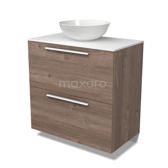 Modulo Plato Badmöbel mit Aufsatzwaschbecken | 80 cm Mittelbraune Eiche Flach front Solid Surface blatt 2 hohe Schubladen übereinanderliegend BMK13-01304 Holz Badezimmermöbel mit Aufsatzwaschbecken, moderne Ausführung und zwei Schubladen mit metallischen Haltegriffen, ideal für ein stilvolles Badezimmer.