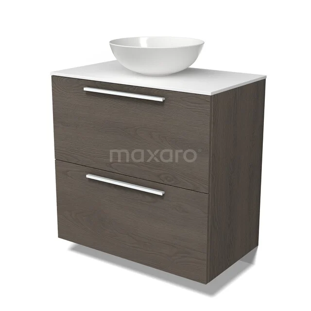 Modulo Plato Vanity units for countertop basin | 80 cm Dark brown oak Flat front Solid surface worktop 2 stacked drawers under each other BMK13-01305 Modulo Plato Vanity units for countertop basin | 80 cm Dark brown oak Flat front Solid surface worktop 2 stacked drawers under each other BMK13-01305