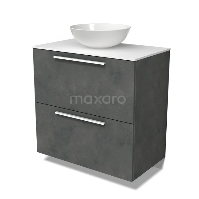 Graue Badmöbel mit zwei Schubladen, weißem Waschbecken und modernem Design, perfekt für eine stilvolle Badezimmer Einrichtung.