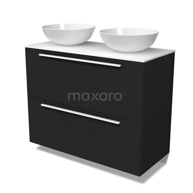 Modulo Plato Vanity units for countertop basin | 100 cm Matte black Flat front Solid surface worktop 2 stacked drawers under each other BMK13-01308 Zwarte badkamermeubelset met twee ronde witte waskommen en glanzende lades, modern design voor een stijlvolle badkamer.