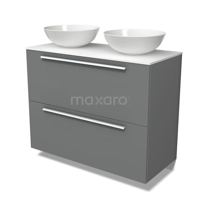 Modulo Plato Badmöbel mit Aufsatzwaschbecken | 100 cm Mittelgrau Flach front Solid Surface blatt 2 hohe Schubladen übereinanderliegend BMK13-01310 Grauer Badschrank mit zwei weißen Waschbecken, modernes Aussehen, glatte Oberfläche und chromfarbene Haltegriffe, ideal für stilvolles Badezimmerdesign.