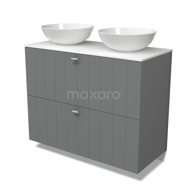 Modulo Plato Vanity units for countertop basin | 100 cm Mid grey Slat front Solid surface worktop 2 stacked drawers under each other BMK13-01311 Grijze houten badkamermeubelset met twee witte waskommen en lades, ideaal voor een moderne badkamerstijl.