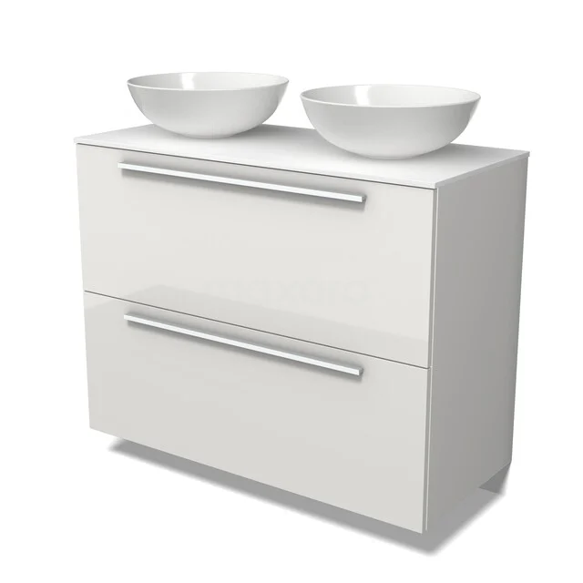 Weiße Badmöbelset mit doppelten Aufsatzwaschbecken, modernem Design, glänzender Oberfläche und metallischen Haltegriffen.