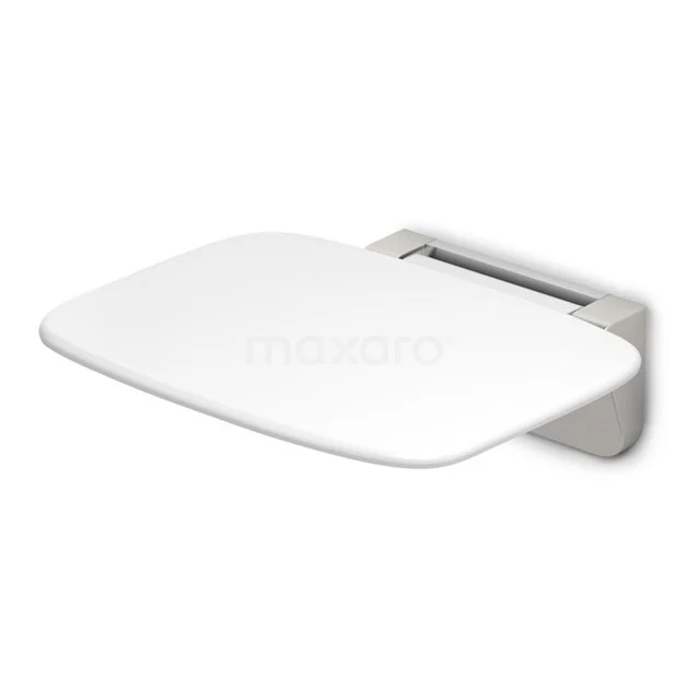 Wandmontierte weiße Duschsitz aus Kunststoff und Aluminium, ideal für sicheren und komfortablen Sitzplatz im Badezimmer.