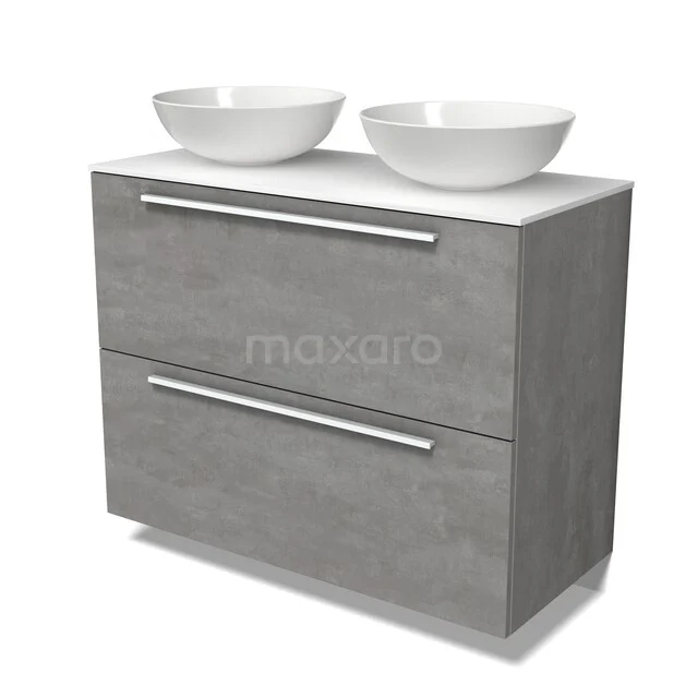 Möbel für Aufsatzwaschbecken BMK13-01325 Grau Badmöbel mit Betonlook, zwei Schubladen und doppelten weißen Aufsatzwaschbecken, ideal für einen modernen Badezimmerstil.