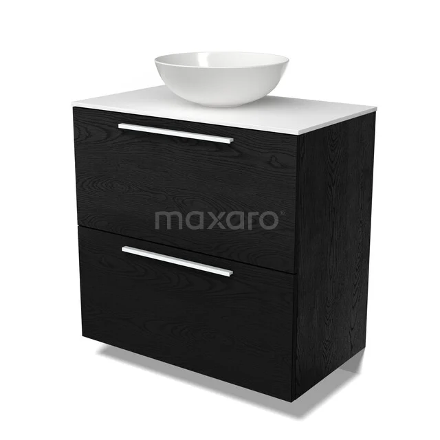 Modulo Plato Badkamermeubel voor waskom | 80 cm Zwart eiken Vlak front Solid surface blad 2 hoge lades onder elkaar BMK13-01339