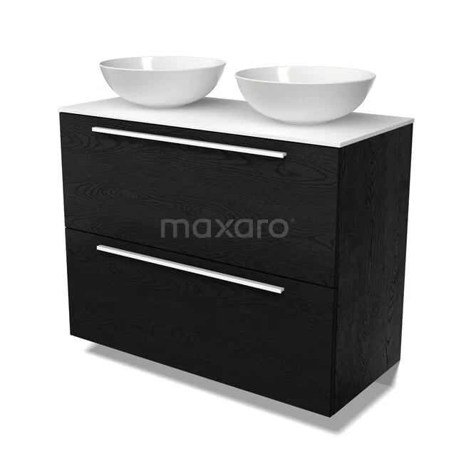 Modulo Plato Badmöbel mit Aufsatzwaschbecken | 100 cm Schwarze Eiche Flach front Solid Surface blatt 2 hohe Schubladen übereinanderliegend BMK13-01341 Schwarzer Badschrank mit zwei weißen Aufsatzwaschbecken, modernes Design, Teil der eleganten Venezia-Serie.