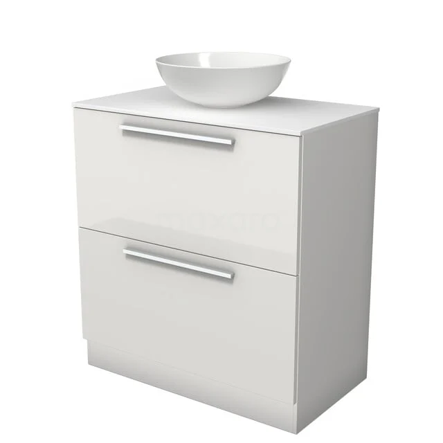 Modulo Plato Badkamermeubel voor waskom | 80 cm Hoogglans wit Vlak front Solid surface blad 2 hoge lades onder elkaar staand BMK13S-00255