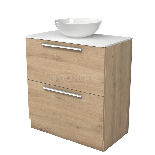 Möbel für Aufsatzwaschbecken BMK13S-00257 Holz Badezimmermöbel mit zwei Schubladen, weißem rundem Aufsatzwaschbecken und klarem Design, ideal für ein modernes Badezimmer.