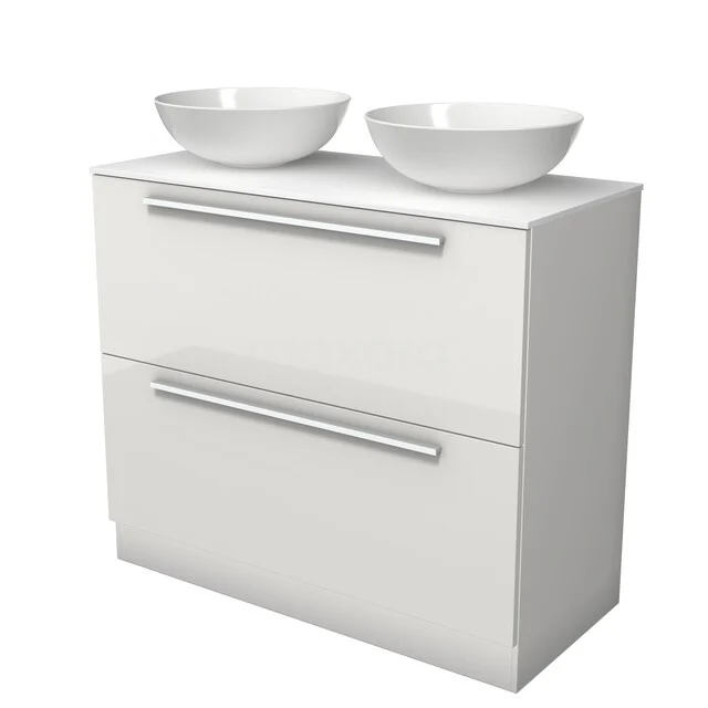 Modulo Plato Vanity units for countertop basin | 100 cm High-gloss white Flat front Solid surface worktop 2 high drawers standing drawers under each other BMK13S-00260 Witte badkamermeubel met twee ronde waskommen, metalen handgrepen en minimalistisch design.